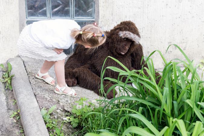 Girl looking at realistic stuffed gorilla toy