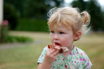 Toddler girl eating a sandwich at a picnic
