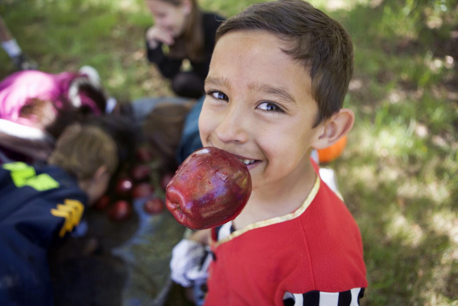 Niño con una manzana en la boca