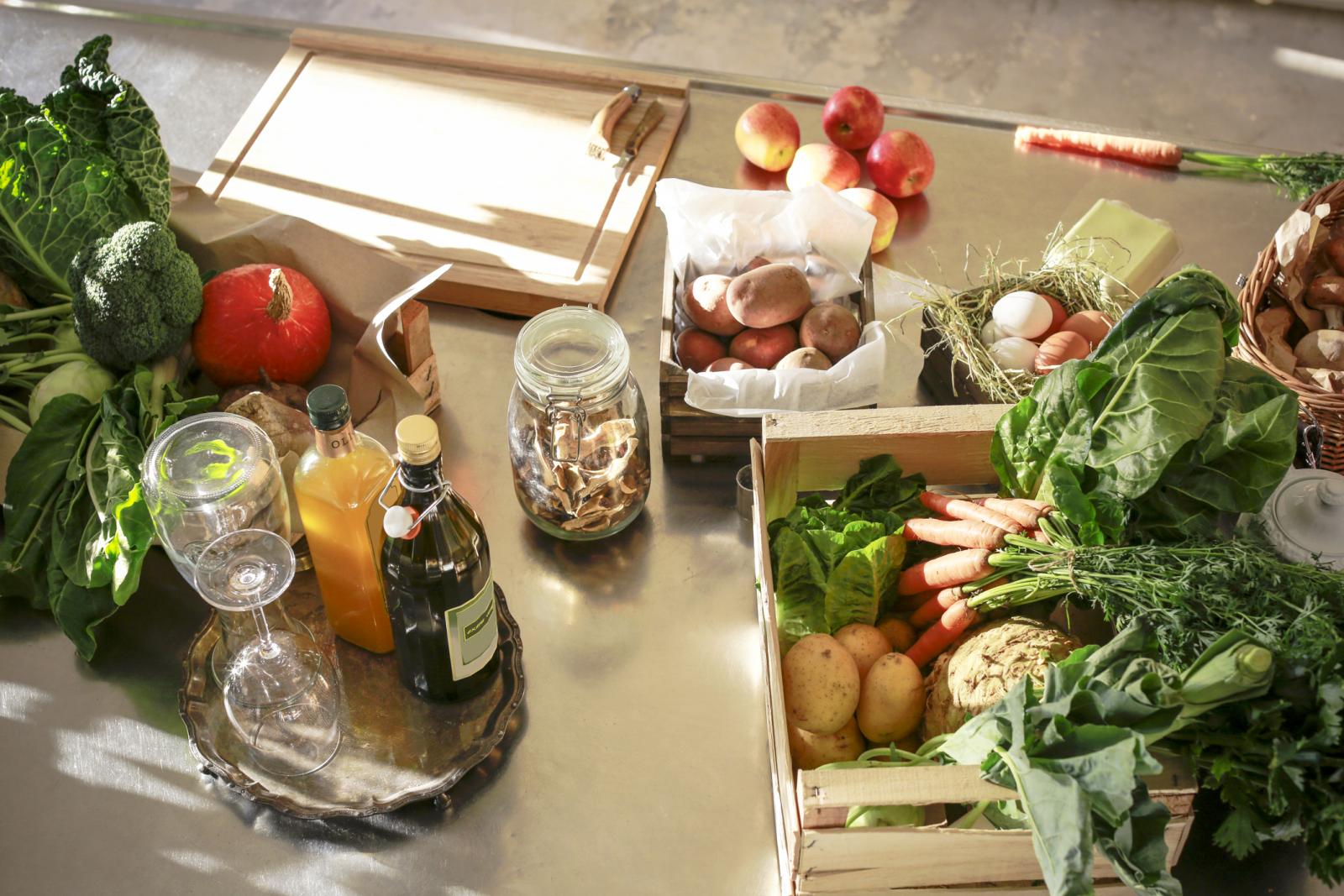 Fresh organic vegetables and fruits in a kitchen