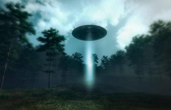 UFO landing in the forest meadow