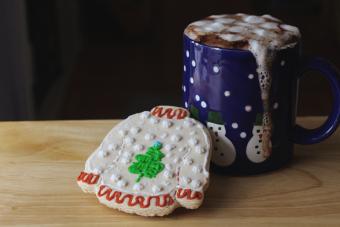 Ugly Sweater Christmas cookie with mug of Hot Chocolate