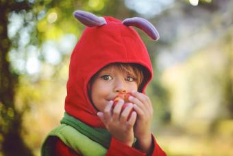 Little boy in caterpillar costume eating an apple.