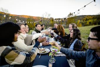 Group of friends toasting at outdoor dinner party in field