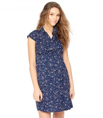 Woman in a navy print maternity shirt dress