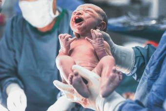 Doctors holding newborn baby boy