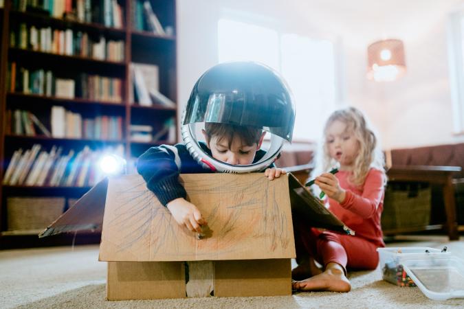 Children coloring space adventure cardboard box
