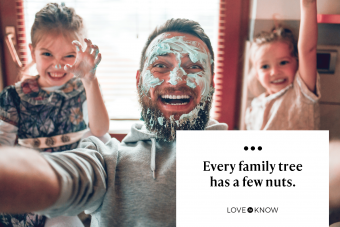 Father With Cute Child Daughters After Cooking And Making Mess