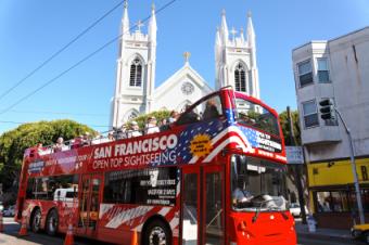 Red and White tour bus