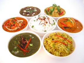 Seven traditional dishes at an Indian restaurant