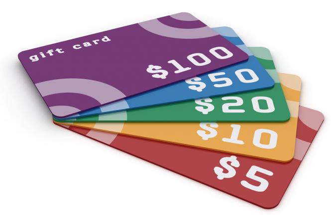 Colorful gift cards in various denominations