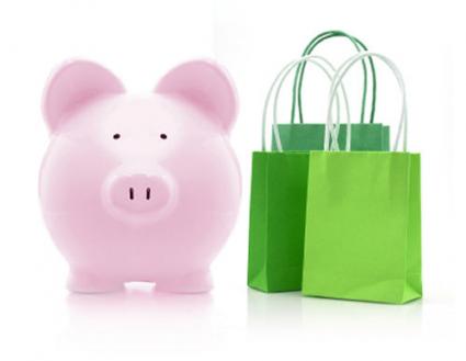 Image of piggy bank next to shopping bags