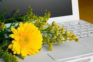 Flower arrangement laying on a laptop keyboard