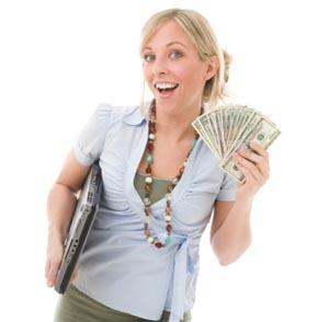 Woman showing money saved with bargains and freebies