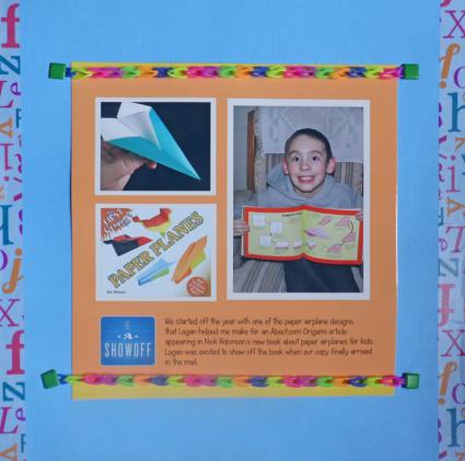 scrapbook page using Rainbow Loom bracelets as borders.