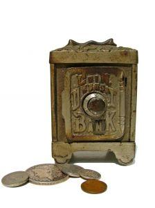 Image of an antique bank and coins