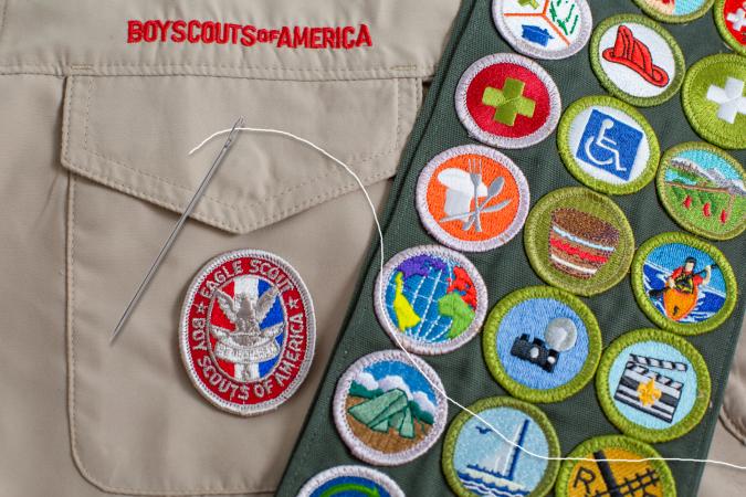 Boy Scout patches and sewing needle