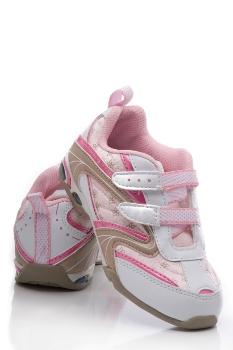 Kid's pink shoe with white Velcro fasteners