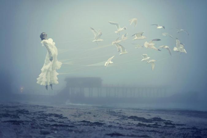 Flying woman and seagulls