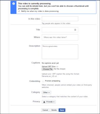 Facebook video upload editing options