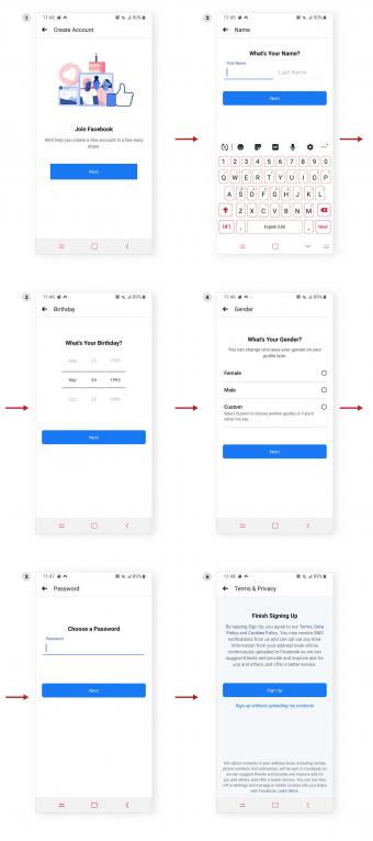 Sign up screens for Facebook on a mobile device