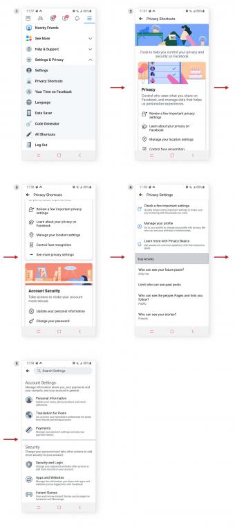 Privacy setting screens for Facebook on mobile