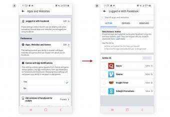 Websites and apps settings screens in Facebook on mobile