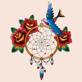  Dreamcatcher tattoo with roses and bird