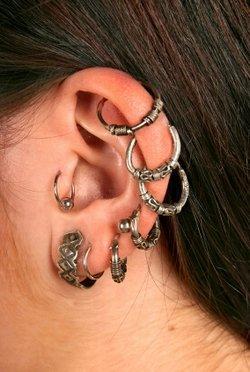 A tragus piercing followed by various lobe and helix piercings