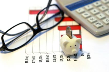 Glasses, calculator and piggy bank