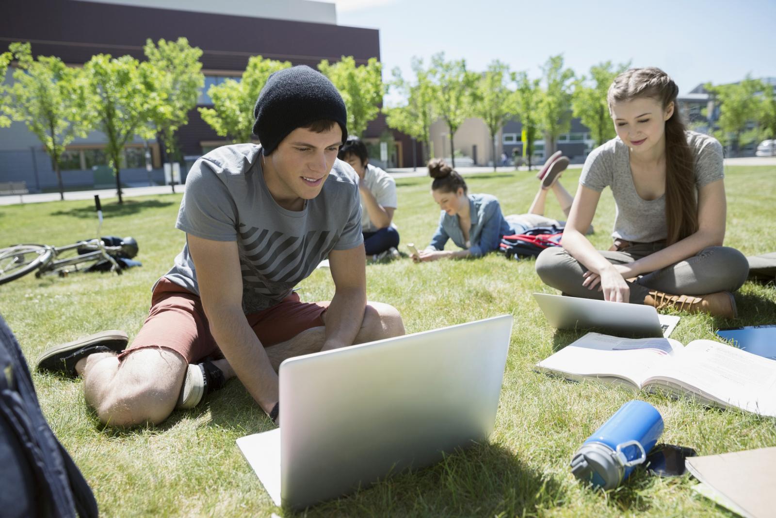 Students with laptops studying on sunny campus lawn