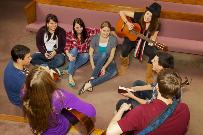 Church youth group in sanctuary