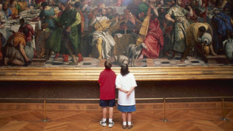 Two Children in Art Gallery looking at painting