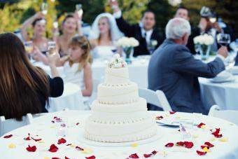 Guests raising toast at wedding reception