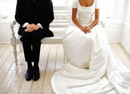 Bride and groom sitting on bench