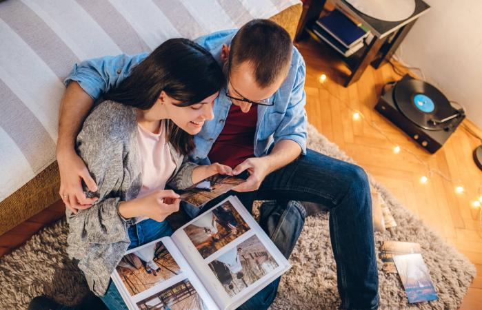 Looking at wedding photos
