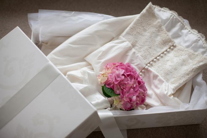Wedding dressed being stored in a box