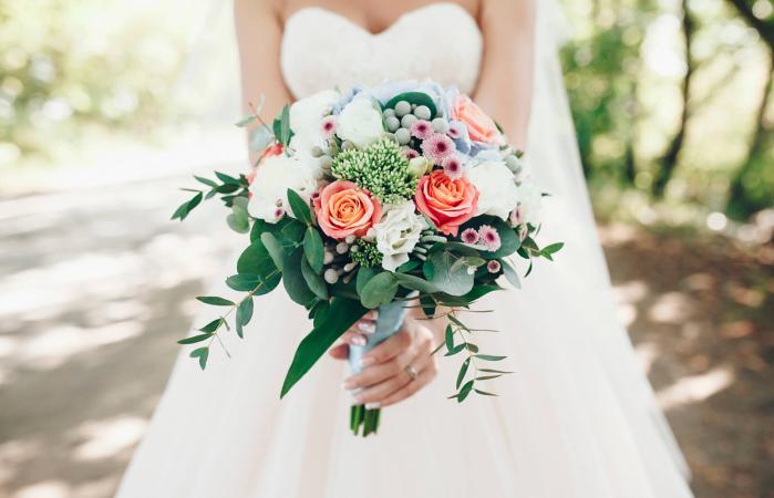 Pink and white rose spring wedding bouquet