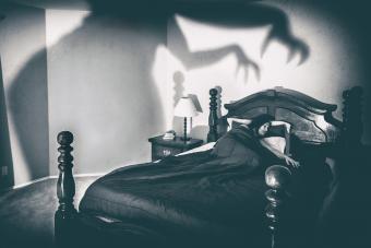 Woman Sleeping On Bed With Spooky Shadow On Wall At Home