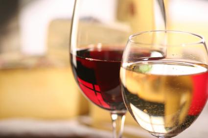 Glass of red wine and glass of white wine.