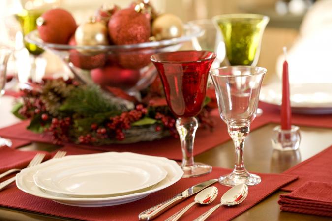 Holiday Table Setting with red and clear wine glasses