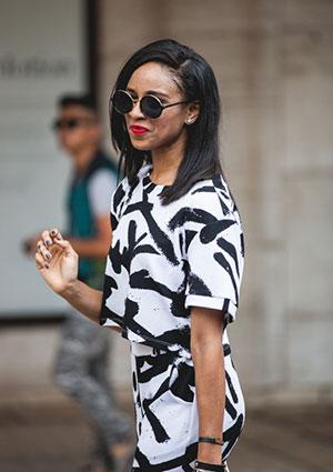 Woman wearing brush stroke print clothing