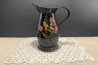 Vintage Tole Ware Black Metal Stenciled Water Pitcher